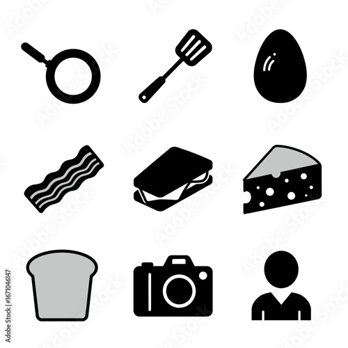 A collection of nine black and white icons representing breakfast food items, cooking utensils, a camera, and a person.