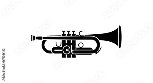 Black silhouette of a trumpet, a brass musical instrument, on a clean white background.