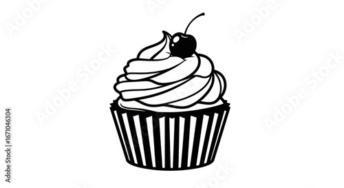 Cupcake with frosting and a cherry on top, in black and white.