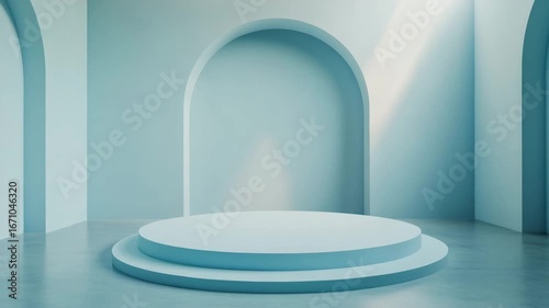 Minimalist blue podium with round stage and arched wall, soft natural light, modern empty interior, abstract background for product display, calm and serene atmosphere, clean design, contemporary