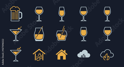 A collection of stylized icons representing various alcoholic beverages, houses, and burning clouds on a dark background.