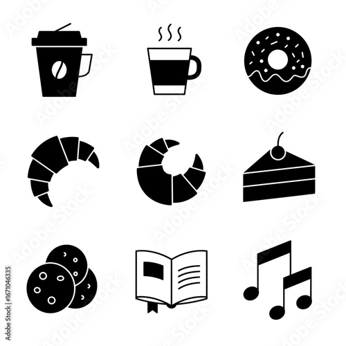 A collection of nine black and white icons representing coffee, pastries, and leisure activities like reading and listening to music.