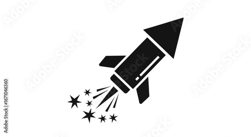 Black silhouette of a rocket launching with stars and sparks, depicting a powerful takeoff or celebration.