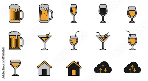 A collection of colorful flat design icons featuring alcoholic drinks, houses, and cloud computing symbols.