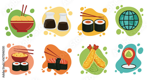 A collection of eight colorful flat icons representing Japanese cuisine and travel, including sushi, ramen, tempura, and location symbols.