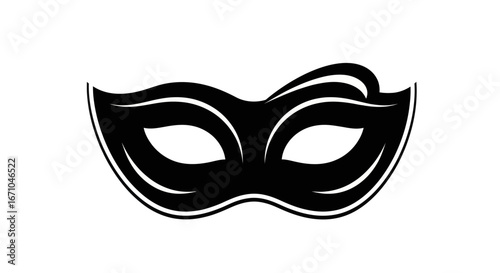A black masquerade mask with decorative swirls on the sides and a plume on top.