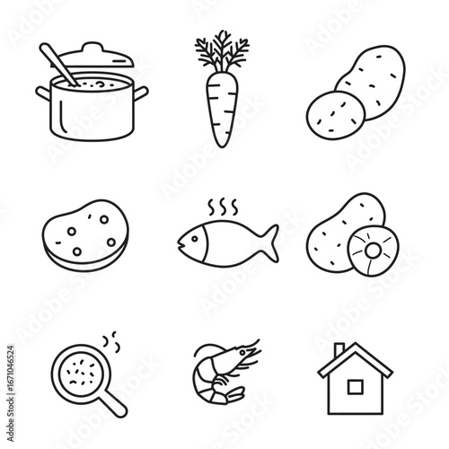 A collection of nine minimalist line art icons depicting various food ingredients and cooking elements.