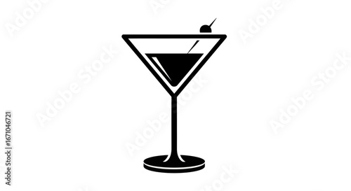 A stylized black and white illustration of a martini glass filled with a dark liquid and garnished with an olive on a pick.