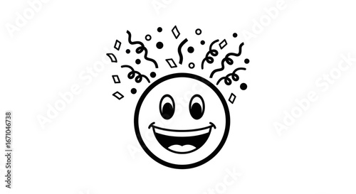 A black and white illustration of a smiling face with confetti, representing joy and celebration.