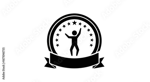 Black and white award badge with a celebratory person graphic.