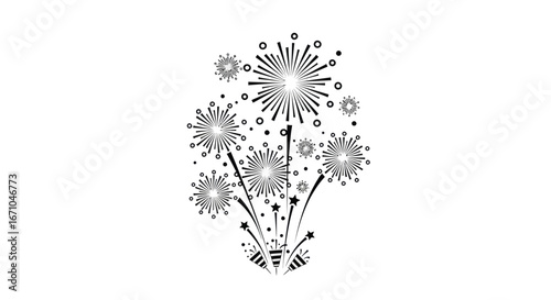 Stylized black and white illustration of multiple fireworks exploding in a celebratory display.