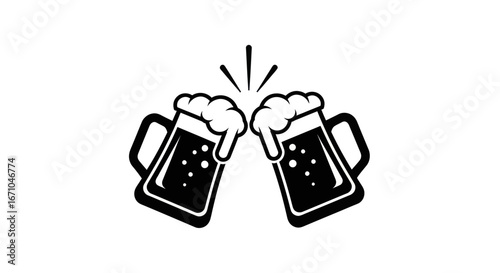 Two beer mugs clinking together in a celebratory toast, black and white graphic.