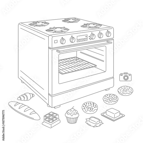 A black and white line art illustration of a kitchen oven surrounded by various baked goods like bread, donuts, and a cupcake.