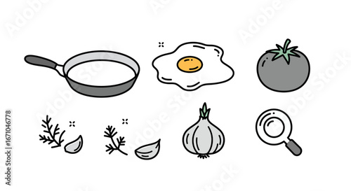 A collection of cooking ingredients including a frying pan, fried egg, tomato, garlic, and herbs, alongside a magnifying glass.