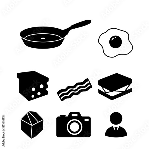 A collection of black silhouette icons featuring breakfast foods, a camera, a person, and a geometric shape.