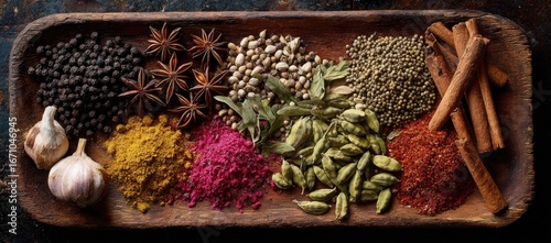Fototapeta Naklejka Na Ścianę i Meble -  Assorted spices in a wooden bowl