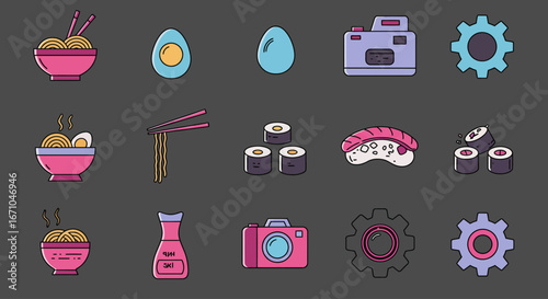 A vibrant collection of flat design icons featuring Japanese food like ramen and sushi, alongside cameras and gears.