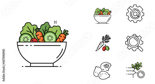 A fresh salad bowl illustration accompanied by a set of line art icons representing ingredients and analysis.