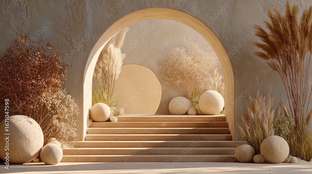 Obraz premium Minimalist Mediterranean Interior with Natural Light and Elegant Archways Featuring Neutral Tones and Textured Decor Elements