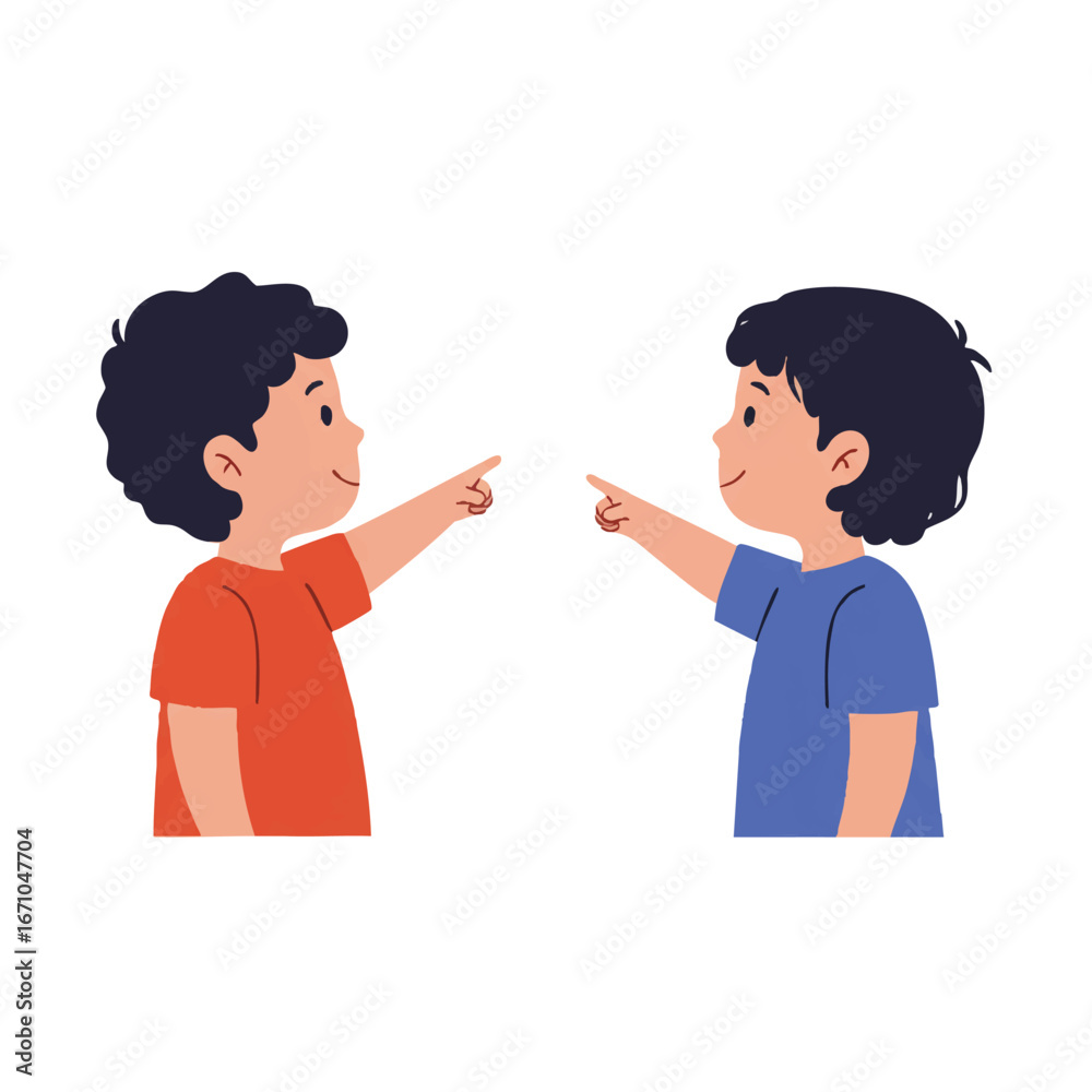 Fototapeta premium Two curious children in a minimalist 2D flat vector illustration pointing with shared interest and discovery, isolated on a clean white background.
