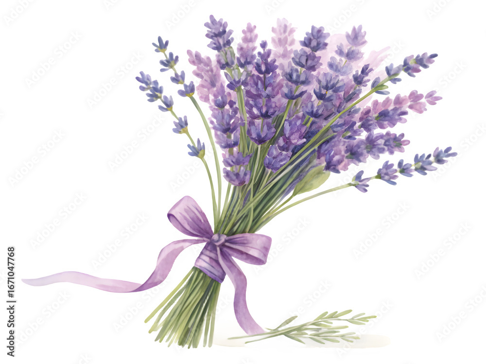 Obraz premium Beautiful bouquet of lavender flowers tied with a purple ribbon