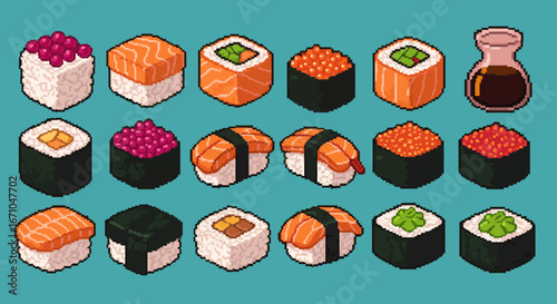 A vibrant collection of various sushi types, including nigiri and maki, presented in a colorful pixel art style.