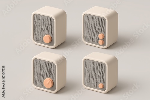 Minimalist Beige Vintage Style Portable Speakers with Pink Dials on Light Gray Background