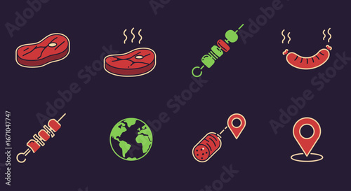 A set of eight flat design icons featuring barbecue food like steak and skewers, alongside travel and location symbols like a globe and map pins.
