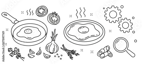 Line art illustration of cooking breakfast with fried eggs, fresh vegetables, and conceptual icons.