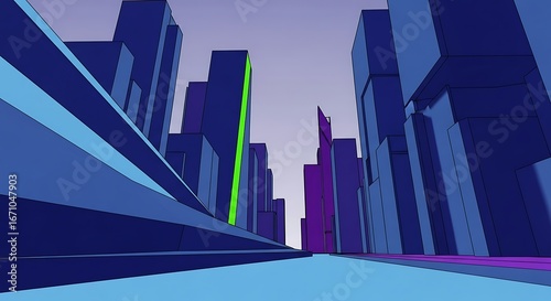 Low Angle View of a Stylized Futuristic Digital Cityscape.