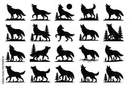 Vector art of set of howling wolf silhouettes, wild animal vector illustration for logo, tattoo, design element, and graphic resource