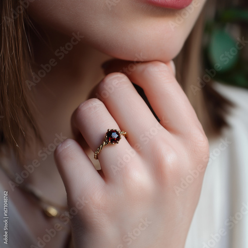 woman holding a ring garnet