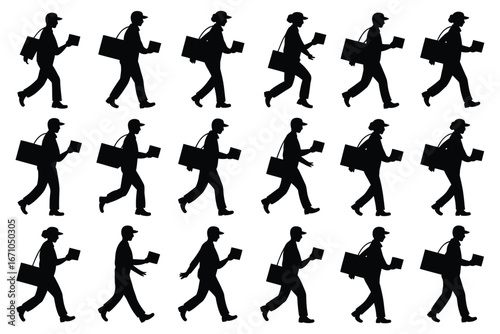 Vector art of set of mailman silhouette vector illustrations for postal service, delivery, or courier concepts