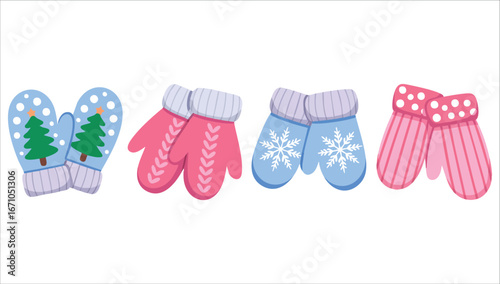 hand drawn knitted mittens set for winter weather vector art isolated on white background