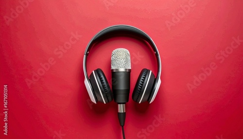 Creative flat lay arrangement with podcast microphone and stylish headphones on colorful maroon background, representing broadcasting, music, and modern communication