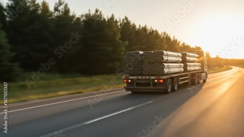 Truck carrying metal pipes on highway at sunset transportation and logistics