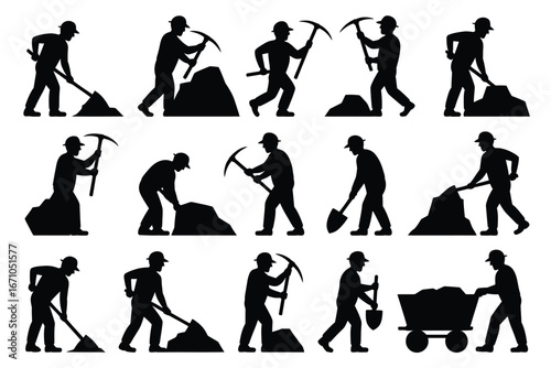Vector art of set of black silhouette illustrations of miners working with pickaxes and shovels