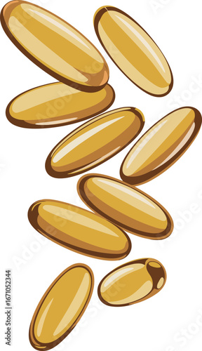 a collection of golden, oval-shaped capsules, likely representing Omega-3 or fish oil supplements, floating against a white background. 