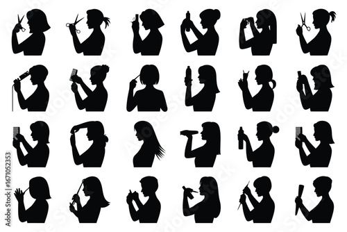 Vector art of silhouette illustrations of women in a hair salon, showing different hairstyles and beauty treatments
