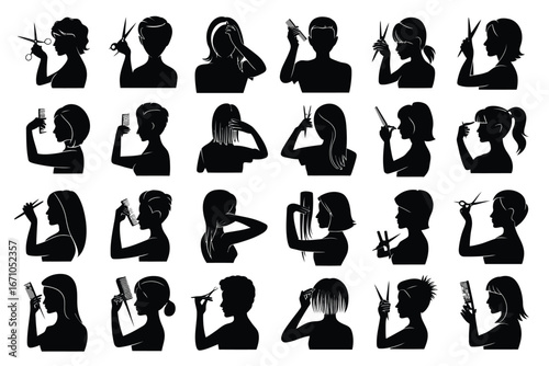 Vector art of collection of diverse women getting haircuts with scissors and combs in a beauty salon