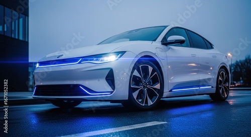 Sleek white electric car with neon blue accents parked on a wet street