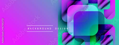 Vibrant gradient background features overlapping squares, dynamic color transitions. Modern design elements create visual interest.