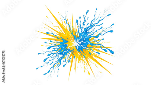 Bright yellow and electric blue paint splashes colliding, symbol of power, electricity, and renewable energy.