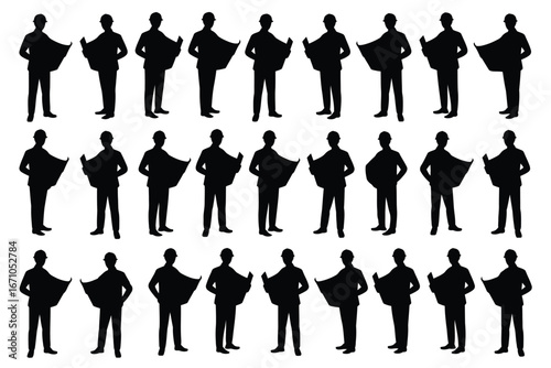 Vector art of silhouettes of architects and engineers holding blueprints, , showcasing construction and professional expertise