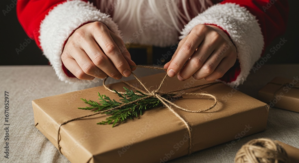 Obraz premium Manos con traje de Papá Noel atando cuerda de yute en paquete de papel kraft con rama de pino, envoltorio navideño ecológico y artesanal