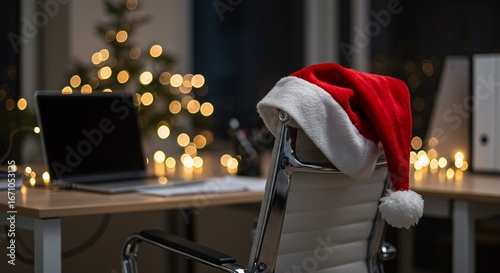 Gorro de Papá Noel sobre silla de oficina junto a portátil y luces cálidas, ambiente corporativo festivo para campañas de Navidad y fin de año