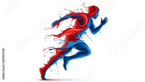 Red and blue paint splashes forming abstract running athlete silhouette, vector sports energy and passion concept.