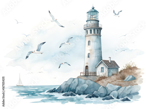 Watercolor lighthouse on rocky coast with seagulls and sailboat