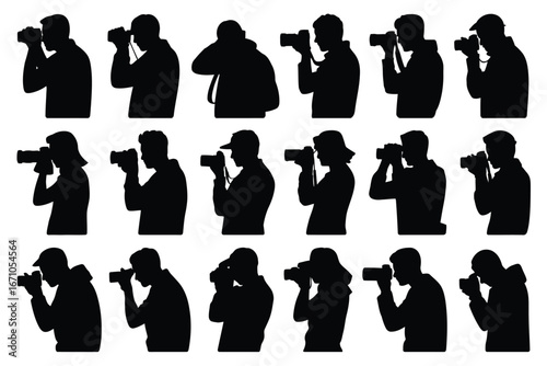 Vector art of silhouette collection of photographers taking pictures with cameras for creative projects and artistic designs