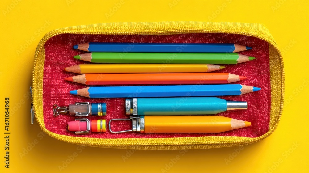 Fototapeta premium Colorful pencils and accessories in a yellow pencil case